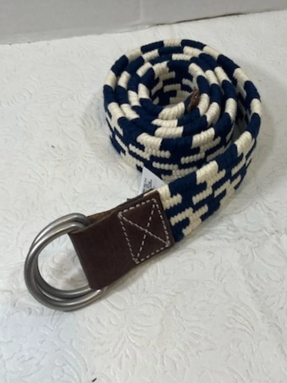 J.Crew Navy Blue & White Woven Cotton Belt Leather Trim Double D-Ring Buckle S-M